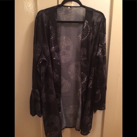 Other - Sheer Kimono Black/Gray Plus Size Skull Print